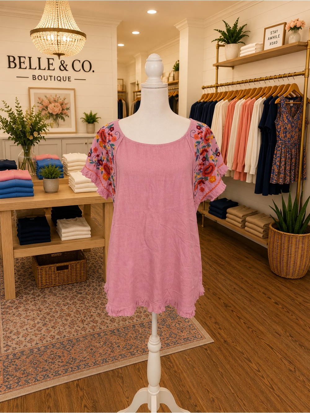 Umgee Boho Pink Embroidered Fringe Top Large Linen Cotton
